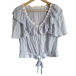 Free People Rosemary Tie Front Top Blue White Flutter Sleeve Blouse
